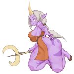  athletic big_breasts black_eyebrows breasts butt clothed_female eyebrows female female_focus hair hi_res holding_object holding_weapon hooves horn horned_humanoid humanoid humanoid_pointy_ears kneeling league_of_legends long_hair looking_at_viewer ponytail purple_body purple_skin riot_games shimuto5 side_boob side_view simple_background solo soraka staff tattoo thick_thighs video_games weapon white_background white_hair wide_hips yellow_eyes 