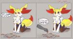  apron bodily_fluids braixen breasts clothing coffeefly cookie crying disembodied_hand english_text food hi_res nintendo nipple_slip nipples pok&eacute;mon pok&eacute;mon_(species) smile tears text video_games 