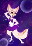  anthro bottomwear canid canine clothing crown female fennec fluffy fluffy_tail fox hi_res mammal navel purple_background purple_eyes ruki_(character) rukifox simple_background skirt solo topwear 