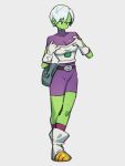  1girl armor belt bodysuit boots breasts cheelai closed_mouth colored_skin commentary dragon_ball dragon_ball_super full_body gloves green_skin grey_background kemachiku medium_breasts purple_bodysuit scouter short_hair simple_background solo standing white_hair 