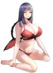  1girl absurdres bikini black_hair breasts demon_girl demon_horns demon_tail demon_wings highres horns kneeling large_breasts looking_at_viewer medium_hair navel ooshima_ryou original red_bikini smile solo swimsuit tail white_background wings yellow_eyes 