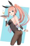  1girl alcohol alternate_costume ass bangs bare_shoulders blue_background blue_eyes breasts drink felicia_(fire_emblem) fire_emblem fire_emblem_fates glass haru_(nakajou-28) highres leotard long_hair looking_at_viewer medium_breasts orange_hair pantyhose plate playboy_bunny ponytail smile solo very_long_hair waitress 