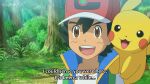  1boy :d ash_ketchum baseball_cap black_hair blue_vest brown_eyes derivative_work english_commentary forest hat highres leafbladex_yt light_rays looking_at_another nature open_mouth pikachu pokemon pokemon_(anime) pokemon_(creature) pokemon_swsh_(anime) screencap_redraw shirt smile spiked_hair subtitled sunbeam sunlight teeth twitter_username upper_body upper_teeth vest white_shirt 