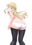  1girl bangs black_legwear blonde_hair blunt_bangs blush breasts butt_crack closed_mouth clothes_pull floating_hair glasses long_hair looking_at_viewer looking_back nipples panties pantyhose pantyhose_pull perrine_h._clostermann shiny shiny_hair simple_background small_breasts smile solo standing straight_hair strike_witches taros_illust topless underwear undressing very_long_hair white_background white_panties world_witches_series yellow_eyes 