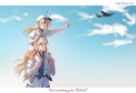  2girls ahoge aircraft airplane b-17_flying_fortress black_hair blue_necktie bomber carrying cloud day flat_cap hat highres long_hair military military_vehicle multicolored_hair multiple_girls necktie orange_eyes orange_skirt original outdoors personification red_eyes shirt short_sleeves shoulder_carry sidelocks skirt streaked_hair uss_enterprise_(cv-6) uss_hornet_(cv-8) white_headwear white_shirt yorktown_cv-5 