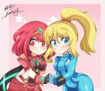  absurdres bangs black_gloves breasts chest_jewel crossover earrings fingerless_gloves gloves highres jewelry large_breasts metroid pyra_(xenoblade) red_eyes red_hair red_legwear red_shorts samus_aran short_hair short_shorts shorts swept_bangs thighhighs tiara yamagiwajustin zero_suit 