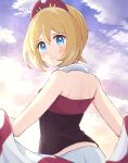  1girl bangs blonde_hair blue_eyes blush closed_mouth cloud collar commentary_request day eyelashes from_behind hair_between_eyes hairband haru_(haruxxe) highres irida_(pokemon) looking_back outdoors pokemon pokemon_(game) pokemon_legends:_arceus red_hairband red_shirt shirt short_hair shorts sky smile solo white_shorts 