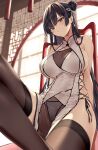  1girl absurdres bangs bare_shoulders black_hair black_legwear blush breasts cleavage double_bun highres hiiragi_yuuichi large_breasts long_hair looking_at_viewer original red_eyes solo thighhighs thighs 