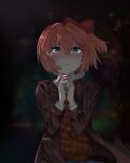  1girl blazer blue_eyes bow brown_jacket crying crying_with_eyes_open dark doki_doki_literature_club hair_bow hands_up highres jacket nnoon open_clothes open_jacket orange_sweater_vest own_hands_together pink_hair red_bow sailor_collar sayori_(doki_doki_literature_club) school_uniform short_hair solo sweater_vest tears wind 