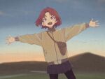  1girl bangs black_legwear blue_eyes brown_jacket cowboy_shot fang jacket long_sleeves looking_at_viewer medium_hair mountainous_horizon open_mouth original outdoors outstretched_arms pantyhose pleated_skirt purple_skirt red_hair shiratama_(hockey) skirt solo spread_arms 