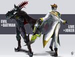  2boys armor bat_genome batman batman_(series) cape card chainsword clown colored_skin commentary_request cowl dc_comics english_text evilblade formal full_body fusion gauntlets glowing glowing_eyes green_hair gun helmet highres holding holding_gun holding_weapon joker_(dc) kamen_rider kamen_rider_evil kamen_rider_live kamen_rider_revice livegun mask multiple_boys necktie playing_card revolver short_hair signature simple_background smile solo suit teeth weapon white_skin white_suit zagizagi zipper 