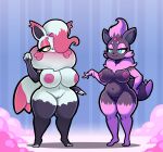  2022 absurd_res anthro big_breasts breasts canid canine curvy_figure duo female genitals gharug hair hair_over_eye hi_res hisuian_zorua mammal neck_tuft nintendo nipples nude one_eye_obstructed pok&eacute;mon pok&eacute;mon_(species) pussy regional_form_(pok&eacute;mon) standing thick_thighs tuft video_games wide_hips zabrina_(afc) zorua 