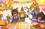  &gt;_o 4girls :3 animal_ears balloon bangs birthday_cake blonde_hair blue_eyes blurry blurry_background blush boombox box breasts brown_hair cake carrot closed_mouth cup domino_mask el_condor_pasa_(umamusume) food french_fries gift gift_box grass_wonder_(umamusume) hair_ornament happy_birthday hat highres holding holding_balloon horse_ears hot_sauce jiima_tarou long_hair looking_at_another mask medium_breasts multiple_girls one_eye_closed onion_rings party_hat party_popper party_whistle pizza plate ponytail purple_shirt purple_skirt school_uniform seeking_the_pearl_(umamusume) shirt skirt smile star_(symbol) star_hair_ornament streamers sunglasses table taiki_shuttle_(umamusume) thumbs_up tracen_school_uniform umamusume 