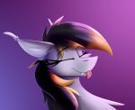  bat_pony equid eyebrows eyelashes eyes_closed fan_character fangs female feral fur grey_body grey_fur happy hasbro hi_res highlights_(coloring) inner_ear_fluff mammal my_little_pony observerdoz purple_background simple_background solo tongue tongue_out tuft 