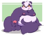  2022 alp_(tas) anthro balls belly black_nose blush erection genitals giant_panda hi_res humanoid_genitalia humanoid_hands humanoid_penis kemono kusosensei lifewonders male mammal masturbation moobs nipples overweight overweight_male penis purple_body sitting solo tokyo_afterschool_summoners ursid video_games white_body 