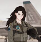  1girl aircraft androgynous belt black_hair blurry blurry_background closed_mouth commentary dated day english_commentary engrish_commentary gloves grey_eyes headwear_removed helmet helmet_removed long_hair long_sleeves looking_at_viewer military military_uniform original outdoors patch photo_background pilot pilot_helmet pilot_suit scar scar_on_face scar_on_nose skyleranderton solo uniform zipper 