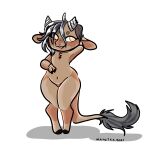  1:1 2021 anthro big_tail biped blush bovid bovine broken_horn brown_body brown_fur cattle chest_tuft claws digital_media_(artwork) english_text featureless_crotch female fur grey_hair grey_horn hair hand_behind_head hi_res hooves horn looking_at_viewer mammal manitka manitka_(character) navel nude open_mouth orange_eyes signature simple_background smile solo standing teeth text tuft white_background 