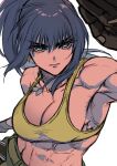  1girl abs armpits bangs beniazumaru blue_eyes blue_hair breasts camouflage clenched_hand dog_tags eyelashes highres large_breasts leona_heidern muscular tank_top the_king_of_fighters the_king_of_fighters_xiv the_king_of_fighters_xv yellow_tank_top 
