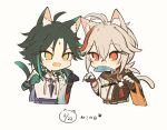 2boys ahoge animal_ear_fluff animal_ears antenna_hair arm_tattoo bandaged_arm bandages bangs bead_necklace beads black_gloves cat_boy cat_day cat_ears cat_tail chibi crossed_bangs facial_mark fang fingerless_gloves fish forehead_mark genshin_impact gloves green_hair grey_hair hair_between_eyes highres japanese_clothes jewelry kaedehara_kazuha male_focus mouth_hold multicolored_hair multiple_boys necklace open_mouth paw_pose red_eyes red_hair ryu_genshin77 simple_background streaked_hair symbol-only_commentary tail tattoo xiao_(genshin_impact) yellow_eyes 