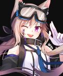  1girl ;d animal_ear_fluff animal_ears arknights black_background black_collar black_jacket black_neckerchief black_sleeves blue_necktie brown_hair cardigan_(arknights) collar detached_sleeves dog_ears eyebrows_visible_through_hair gloves gogatsu_fukuin goggles goggles_on_head hair_between_eyes highres jacket looking_at_viewer multicolored_hair neckerchief necktie one_eye_closed open_clothes open_jacket open_mouth purple_eyes shirt sidelocks smile solo streaked_hair teeth upper_body upper_teeth white_gloves white_shirt 