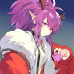  1girl antlers astrid_remond astrid_remond_(earth) bell christmas elf gift kuzuvine lord_of_heroes neck_bell pale_skin pointy_ears ponytail purple_eyes purple_hair reindeer_antlers santa_costume smile smirk 