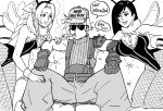  1boy 2girls absurdres aerith_gainsborough baseball_cap bb_(baalbuddy) bee_costume black_hair cloud_strife earrings english_text final_fantasy final_fantasy_vii final_fantasy_vii_remake fishnet_legwear fishnets glasses greyscale hat highleg highleg_leotard highres jewelry leotard long_hair monochrome multiple_girls pantyhose shirt simple_background sleeveless sleeveless_shirt smoke smoking speech_bubble spiked_hair spread_legs sunglasses tifa_lockhart white_background 