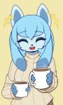  2021 anthro beverage blush clothing coffee container cup digital_media_(artwork) eeveelution eyes_closed female glaceon hi_res holding_cup holding_object nintendo open_mouth open_smile pinkcappachino pok&eacute;mon pok&eacute;mon_(species) simple_background smile solo sweater topwear video_games 