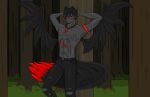  absurd_res bare_chest bat_wings big_tail black_and_red black_body black_bottomwear black_clothing black_fur black_hair black_pants black_skin bottomwear canid canine canis clothing collar demon forest forest_background fur grass hair hi_res humanoid hybrid jewelry male mammal membrane_(anatomy) membranous_wings muscular nature nature_background necklace pants plant scar solo tight_jeans torn_bottomwear torn_clothing torn_pants tree treebutnever wings wolf 