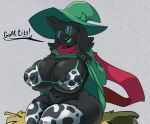  animal_print anthro big_breasts black_body black_fur bovid breasts caprine chubby_female clothed clothing clothing_lift cow_print crossgender curvy_figure deltarune dialogue english_text eyes_closed eyewear female floppy_ears fur glasses goat hat headgear headwear horn karakylia legwear mammal navel open_mouth ralsei shirt shirt_lift simple_background sittng solo text thigh_highs topwear undertale_(series) video_games 