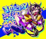  1girl air_shakur_(umamusume) animal_ears black_hair black_nails constricted_pupils crossed_legs eyebrow_piercing full_body graffiti happy_birthday high_tops highres horse_ears horse_girl horse_tail jewelry looking_at_viewer maruwa object_hug open_mouth piercing ring sharp_teeth shirt shoes shorts sleeveless sleeveless_shirt sneakers solo tail teeth thigh_strap tongue tongue_out trophy umamusume upper_teeth w white_shorts wristband yellow_eyes yellow_shirt 