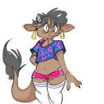 1:1 2021 80&#039;s_theme accessory anthro big_tail biped blush bottomwear bovid bovine bracelet broken_horn brown_body brown_fur cattle chest_tuft claws clothed clothing crop_top digital_media_(artwork) ear_piercing female flat_chested fur grey_hair grey_horn hair hi_res horn jewelry legwear looking_at_viewer mammal manitka manitka_(character) midriff navel piercing shirt shorts simple_background smile solo stockings thigh_highs topwear tuft white_background 