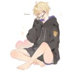  1boy blonde_hair blue_eyes full_body glasses hood hood_down jacket johan_talede johan_talede_(light) kuzuvine looking_at_viewer lord_of_heroes pale_skin shorts white_background 