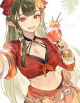  1girl alcohol blush breasts crop_top cup dragon_girl dragon_horns green_hair horns kuzuvine lairei_yen lairei_yen_(fire) large_breasts long_hair lord_of_heroes margarita midriff navel pale_skin pointy_ears red_eyes red_horns 