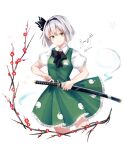  1girl bangs black_bow black_bowtie bob_cut bow bowtie branch closed_mouth dress green_dress green_eyes headband highres holding holding_sword holding_weapon katana konpaku_youmu looking_at_viewer pinafore_dress polo_shirt sheath shirt short_hair short_sleeves simple_background smile solanikieru solo sword touhou unsheathing weapon white_background white_hair white_shirt 