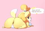  amailemon animal_crossing anthro anus bell big_breasts big_butt blonde_hair breasts butt butt_focus canid canine canis clothed clothed/nude clothing dialogue domestic_dog female genitals hair hi_res humanoid isabelle_(animal_crossing) mammal nintendo nintendo_switch nude pussy shih_tzu short_stack shy solo spanish_text speech_bubble text thick_thighs toy_dog video_games white_pussy wide_hips yellow_body 