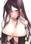  1girl bangs bare_shoulders black_dress black_hair blush breasts choker collarbone dress earrings fate/grand_order fate_(series) hair_between_eyes huge_breasts jewelry lee-taro long_hair looking_at_viewer multiple_earrings open_mouth red_eyes solo very_long_hair yu_mei-ren_(fate) 