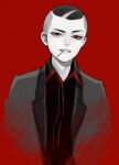  1boy collared_shirt danball_senki_wars grin itan_kyouji jacket looking_at_viewer male_focus monochrome murasaki_(fioletovyy) open_clothes open_jacket red_background red_eyes scar scar_on_head shirt short_hair smile solo teeth_hold undercut uneven_eyes upper_body 