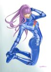  1girl ass blue_background boots breasts closed_eyes emblem gloves gradient gradient_background gundam gundam_zz highres lips long_hair pilot_suit purple_hair roux_louka signature small_breasts solo spacesuit toweling3 