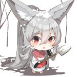  1girl :o absurdly_long_hair absurdres animal_ear_fluff animal_ears bangs barefoot chibi commentary_request eyebrows_visible_through_hair fox_ears fox_girl fox_tail grey_hair hair_between_eyes highres holding holding_shovel japanese_clothes kimono long_hair long_sleeves looking_at_viewer obi original outdoors parted_lips ponytail red_eyes sash shovel snow snow_on_head solo standing tail very_long_hair white_background white_kimono wide_sleeves yuuji_(yukimimi) 