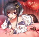  1girl anchor anchor_symbol bed black_hair black_legwear blush box breasts candy chocolate collarbone curtains dress food gift gift_box gradient_hair hair_between_eyes hairband happy_valentine hat heart heart-shaped_box heart-shaped_chocolate highres kantai_collection looking_at_viewer lying mini_hat mouth_hold multicolored_hair no_bra off_shoulder panties pantyhose reward_available sailor_collar sailor_dress school_uniform shirt short_hair short_hair_with_long_locks side-tie_panties small_breasts smile solo tokitsukaze_(kancolle) underwear valentine white_panties yufukiri 