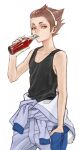  1boy arm_at_side asahina_kouta bare_arms bare_shoulders bottle brown_hair collarbone cowboy_shot danball_senki_wars drink drinking glass_bottle hair_slicked_back hairband hand_in_pocket hand_up holding holding_bottle jumpsuit jumpsuit_around_waist looking_at_viewer male_focus murasaki_(fioletovyy) parted_lips short_hair simple_background sleeveless solo tank_top white_background 