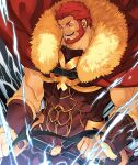  1boy armor bara beard biceps braces breastplate cape cowboy_shot facial_hair fate/grand_order fate/zero fate_(series) fur-trimmed_cape fur_trim gomtang iskandar_(fate) leather lightning looking_down male_focus mature_male muscular muscular_male red_cape red_eyes red_hair short_hair smile solo wind 