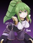  1girl android breasts doll_joints duel_monster el_shaddoll_winda empty_eyes green_eyes green_hair grin hair_between_eyes hiruno joints long_hair looking_at_viewer medium_breasts ponytail smile solo yu-gi-oh! 