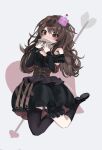  1girl asymmetrical_legwear black_dress blob brown_eyes brown_hair centi_(nimu) corset detached_sleeves dress envelope highres holding holding_letter indie_virtual_youtuber letter long_hair love_letter nimu_(vtuber) off-shoulder_dress off_shoulder solo thighhighs virtual_youtuber yubbiidraw 