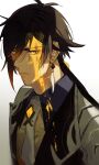  1boy bangs black_hair brown_hair coat commentary earrings genshin_impact gradient gradient_background hair_between_eyes highres jacket jewelry long_hair looking_at_viewer male_focus multicolored_hair necktie noroinoenojin parted_lips ponytail portrait simple_background single_earring solo yellow_eyes zhongli_(genshin_impact) 