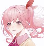  1other akiyama_mizuki beige_cardigan cardigan commentary_request drill_hair gen_(gen03010818) highres long_eyelashes looking_at_viewer neckerchief other_focus pink_eyes pink_hair pink_neckerchief project_sekai side_drill side_ponytail sidelocks smile solo white_background 