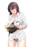  1girl absurdres alternate_costume black_hair black_panties breasts collared_shirt highres holding holding_stuffed_toy jouzaburou_(joe3) kantai_collection large_breasts long_hair long_sleeves nagato_(kancolle) panties red_eyes shirt solo stuffed_animal stuffed_penguin stuffed_toy underwear white_shirt 