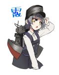  1girl arare_(kancolle) arare_kai_ni_(kancolle) black_hair brown_eyes character_name commentary_request cowboy_shot dress hat kantai_collection long_sleeves machinery pinafore_dress shirt short_hair simple_background solo udukikosuke white_background white_shirt 