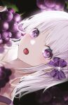  1girl bow camisole collarbone dark_background dutch_angle food fruit grapes hair_bow highres isobe47 light_particles looking_to_the_side medium_hair open_mouth original portrait purple_bow purple_camisole purple_eyes teeth white_hair 