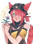  +_+ 1girl animal_ears arknights black_scarf black_vest dirty dirty_face ears_through_headwear flower fox_ears fox_girl fox_tail glasses green_eyes hair_over_one_eye happy highres holding holding_flower light mining_helmet mmm_ma_pmpm myrrh_(arknights) open_mouth red_hair scarf shirt short_hair simple_background solo sparkle tail vest white_background yellow_shirt 